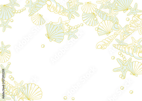 手描きの貝殻と真珠とヒトデの海辺イメージのキラキラ背景イラスト Wall Mural Perori