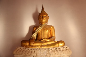 Shine Local Traditional Style Happiness  And Smiles Face Holy Golden Buddha In Buddhist Temple....