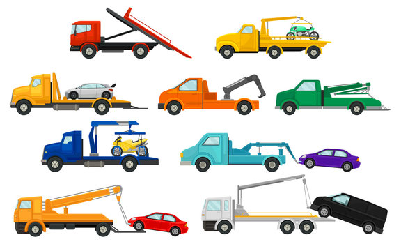 Set of images of tow trucks. Vector illustration on white background.