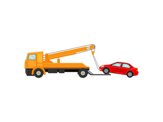 Fototapeta na wymiar Tow truck pulls a car onto the platform. Vector illustration on white background.
