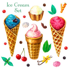 Watercolor ice cream clip art set with berries, fruits and mint leaves