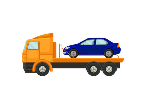 Tow truck carries a car on the platform. Vector illustration on white background.