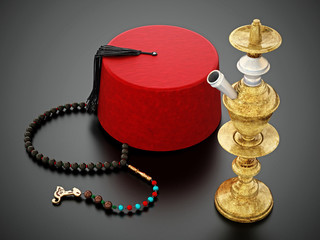 Red fez hat, prayer beads and hookah. 3D illustration