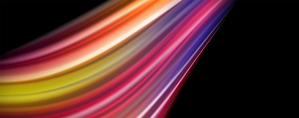 Abstract wave lines fluid rainbow style color stripes on black background. Artistic illustration for presentation, app wallpaper, banner or poster