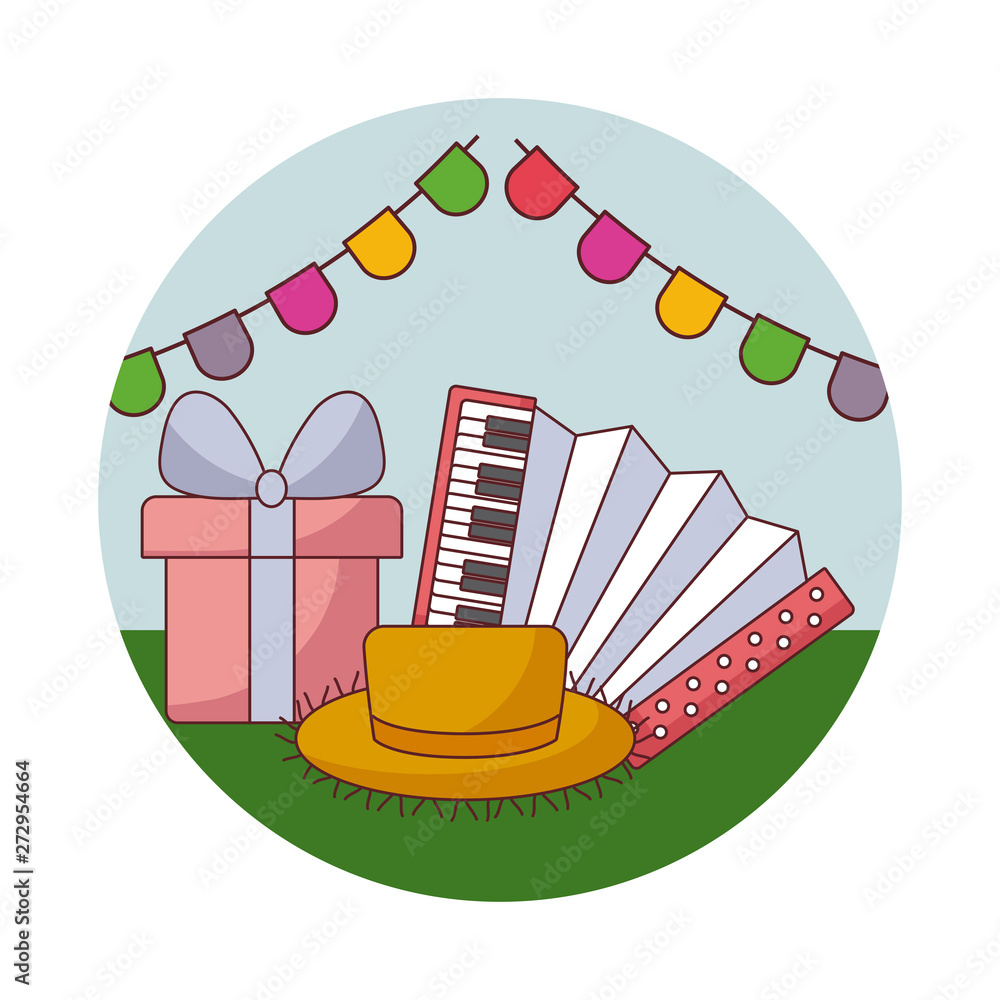 Poster accordion with hat wicker and gift box in frame circular