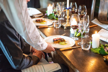 Serving a steak at rustic table