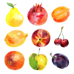 Set of fresh watercolor fruits. Isolated illustration on white background - obrazy, fototapety, plakaty