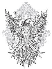 Tattoo bird fly hand drawing and sketch with line art illustration isolated on white background.