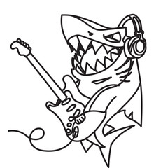 Tattoo art sharks play guitar hand drawing black and white with line art illustration isolated on white background.