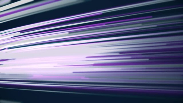 Purple and flashing parallel lines moving into different directions, seamless loop. Animation. Abstract glowing narrow lines motion on dark background.