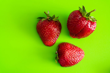 Red ripe berry of strawberry on green Matt background