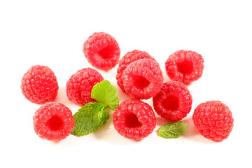 fresh raspberry and leaf isolated on white background