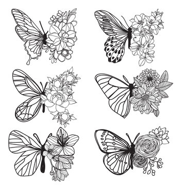Tattoo art butterfly hand drawing and sketch with line art illustration isolated on white background.