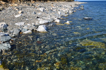 Baikal, beach, summer, nature, stones, mountains, water, forest.