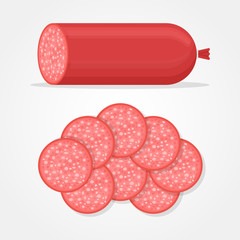 Salami sausage and slices isolated on white background. Vector illustration.