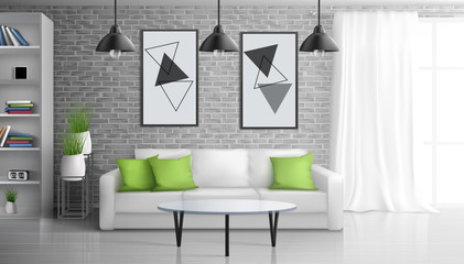 Apartment living room, open office lounge area interior realistic vector background with coffee table near sofa, paintings on brick wall, bookshelves, hanging from ceiling vintage lamps illustration
