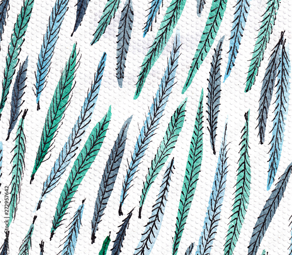 Wall mural seamless pattern with stylized peacock feather. Monochrome elegant background