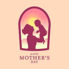 Happy Mother's day banner with Silhouette father carrying a baby in window view and ptng background vector design