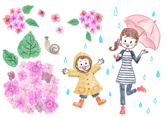 雨　あじさい　親子　イラスト
