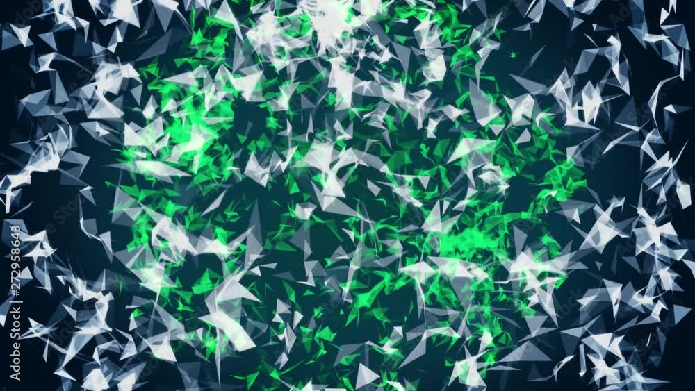 Poster abstract chaotically moving polygons of white and green colors on dark blue background. animation. g