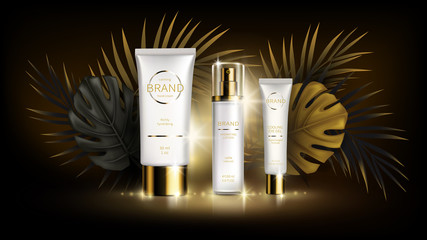 Sun protection cosmetics vector realistic ads poster. White plastic tube with cosmetic product, black golden tropical palm, monstera leaves on dark background. Summer skin care, mock up for magazine © redgreystock
