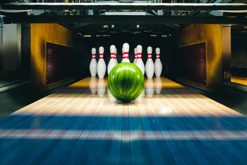 bowling alley. ball and pins.