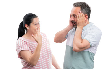 Shocked man as woman showing three fingers