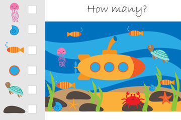 How many counting game,submarine under water for kids, educational maths task for the development of logical thinking, preschool worksheet activity, count and write the result, vector illustration