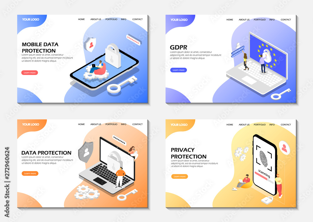 Poster set of web pages. data protection, gdpr, privacy protection. startup landing pages. modern web pages