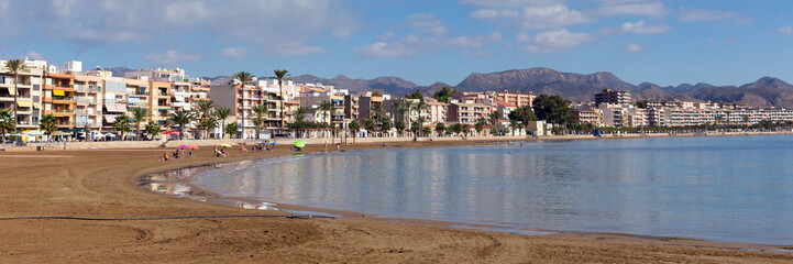 Puerto de Mazarron beach Murcia Spain with blue sky and sea panoramic view