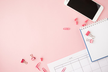 Shattered Pink Stationery, white smartphone, Pink background. Flatlay.