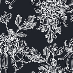 Seamless pattern with hand drawn chalk japanese chrysanthemum