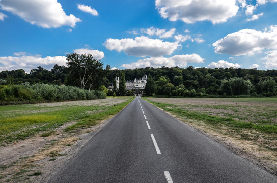 Straight road leading to Château d'Ussé (Usse Castle), in the Loire river valley