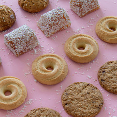 Mixed cookies background. Dough pastry themed. Still life food photography.