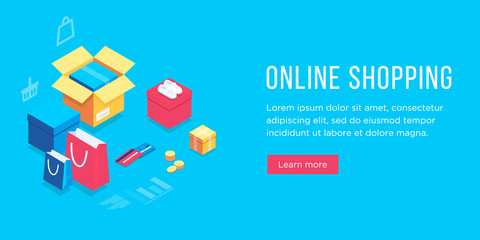 Shopping Online on Website or Application. Marketing. 3d vector isometric icons illustration. boxes, shopping bags, credit cards, icons, coins, shoes. Transportation and logistic