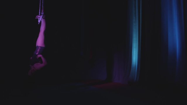 Acrobat yoga girls. Duo dance team on trapeze. 
Shot in 4K slow motion.