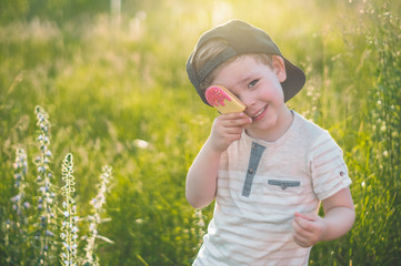 Happy Child eating cookies in the form of ice cream. Kids eat in the garden. Boy in the garden holding a ice cream. 