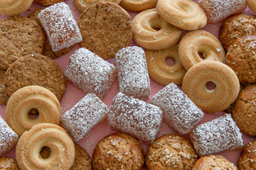 Mixed cookies background. Dough pastry themes