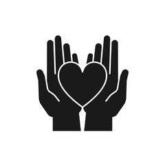 Black isolated icon of heart in 2 open hands on white background. Silhouette of heart and two hands. Symbol of care, love, charity.
