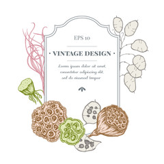 Badge design with pastel feather grass, lotus, lunaria