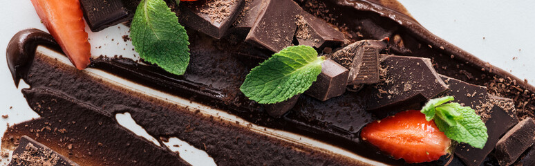 Panoramic shot of pieces of chocolate with fresh mint and strawberries