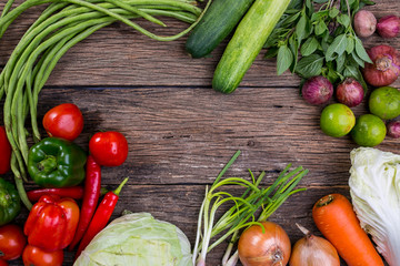 Healthy eating background / studio photography of different vegetables on old wooden table