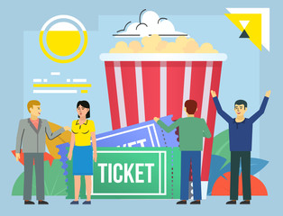 Buying cinema, theater tickets concept. People stand near big cinema tickets, popcorn. Poster for social media, web page, banner, presentation. Flat design vector illustration