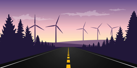 straight paved road to the horizon with windmill park vector illustration EPS10