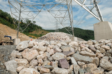 High voltage tower installation of the Xayabury Hydroelectric Power Project, Laos