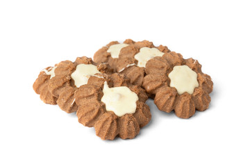 Chocolate shortbread cookies isolated on white background.