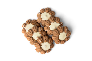 Chocolate shortbread cookies isolated on white background.