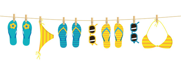 colorful flip flops sunglasses and bikini hanging on a rope on white background summer holiday design vector illustration EPS10