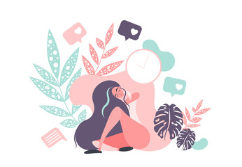 Social Network, Virtual Communication Relationships Concept. Young Female Character Chatting Using Smartphone. Woman Sending Message. Vector flat illustration