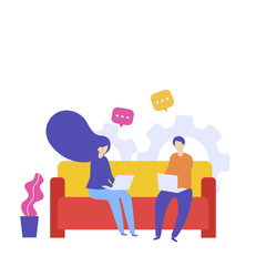 Flat vector illustration, web site development, teamwork, website coding, SEO concept, search engine, design for mobile and web graphics. Man and woman sitting on couch with laptops.